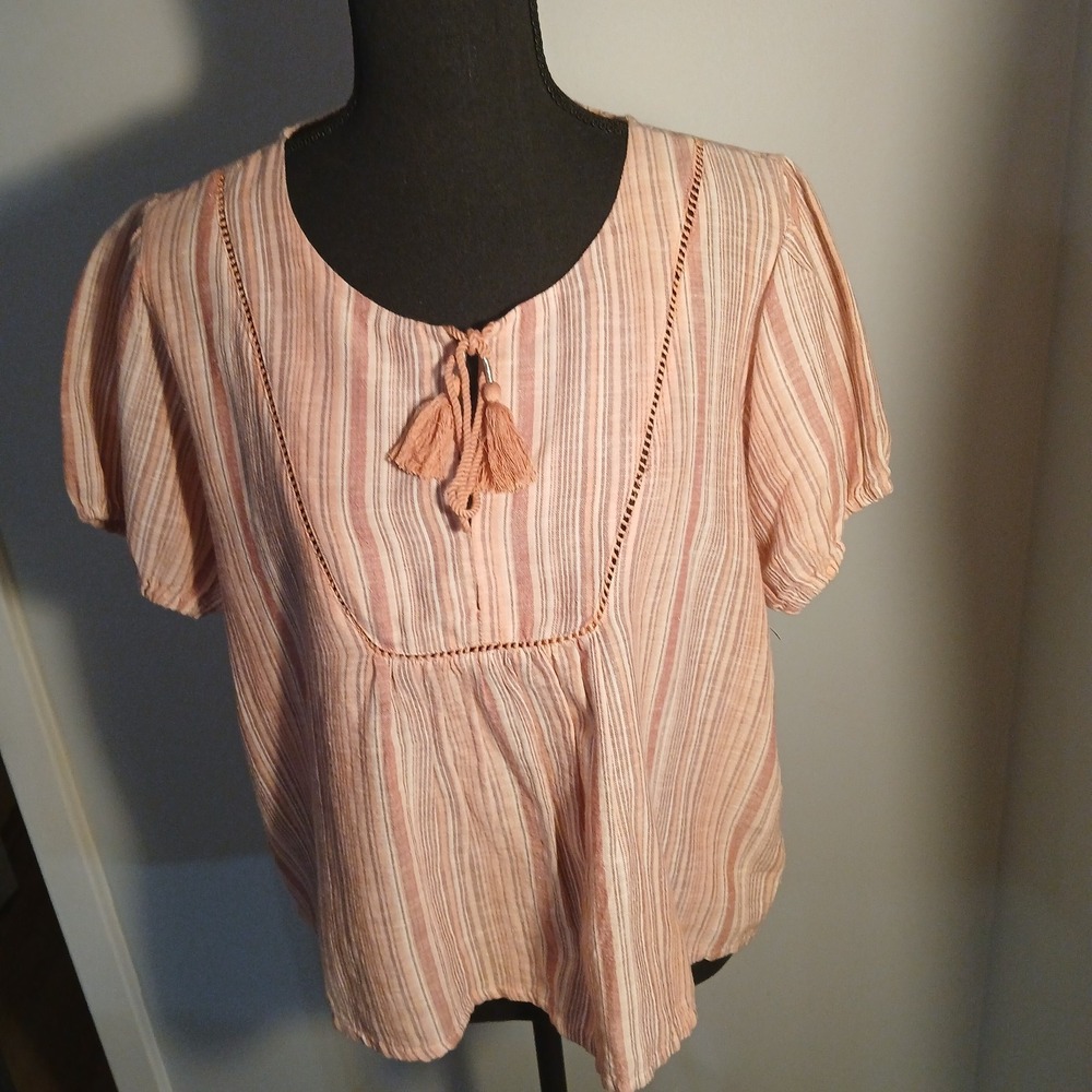 Lucky Brand Top Stripped Sz S Short Flutter Sleeve Gauzy Baby Doll Tassel Tie...